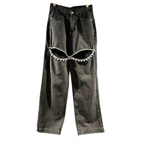 Monvess - High-Waisted Jeans with Diamond Embellishments - Black - Small